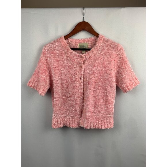 Croquet Club Pink Bouclé Short Sleeve Cardigan Sweater L - Picture 1 of 4